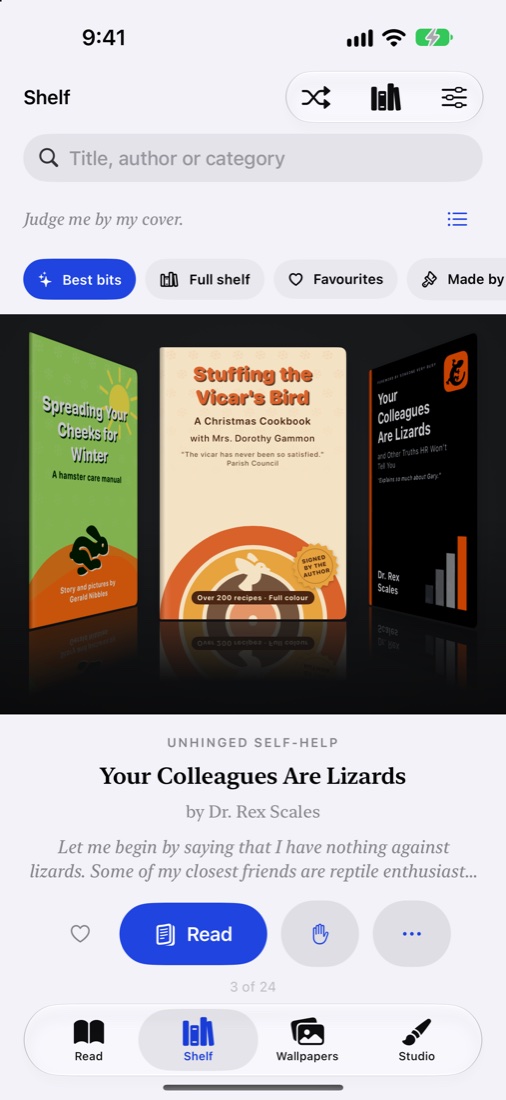 The Shelf Conscious shelf: tilting covers, with Your Colleagues Are Lizards in focus